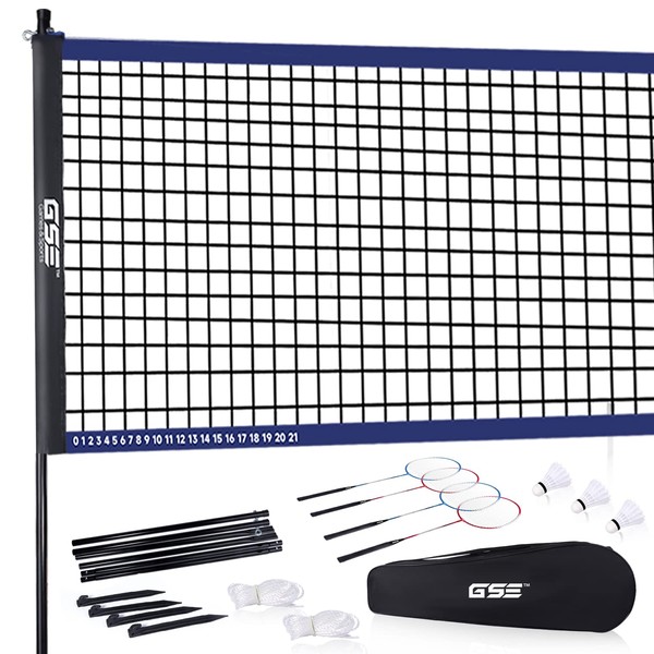 GSE Recreational Badminton Set, Sports Outdoor Net Set Including 20'*2' Portable Badminton Net +4 Badminton Rackets+ 3 Shuttlecocks. Best for 2-on-2 Games
