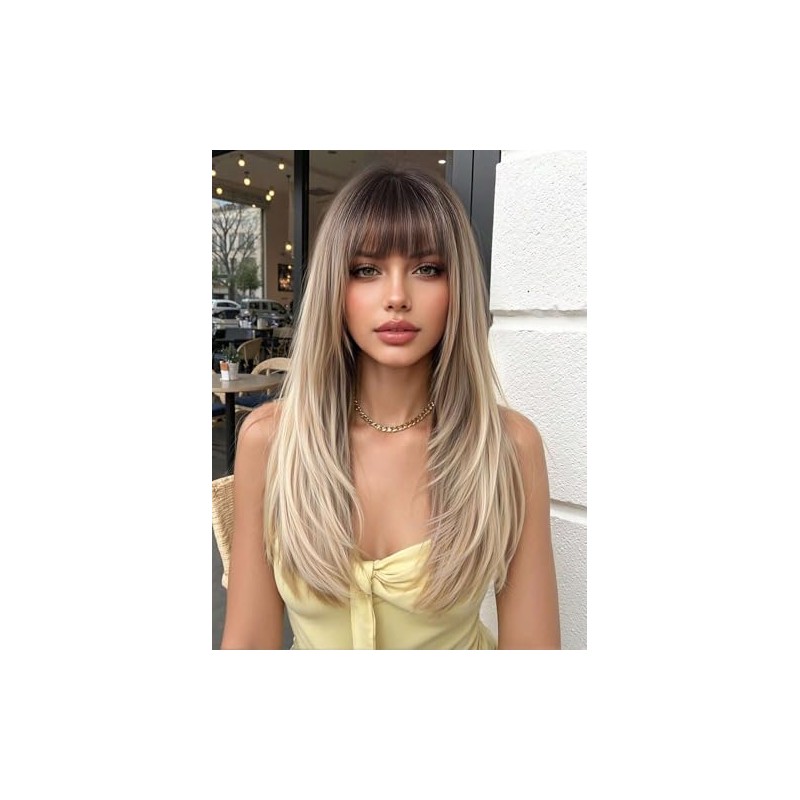 Peluca Sintética Elegant Blonde Wig 150% With Bangs Straight Layered