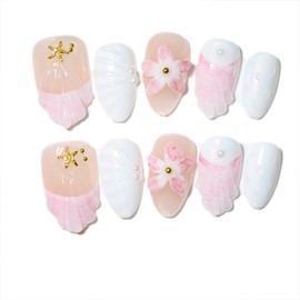 10 pcs Handmade Press On Nails, Summer latest styles,3D Floral Nail Decoration,Seashell Mermaid Design with Gold Stars, Almond Shape, Reusable DIY Nail Art for Women and Girls (A01, XS)