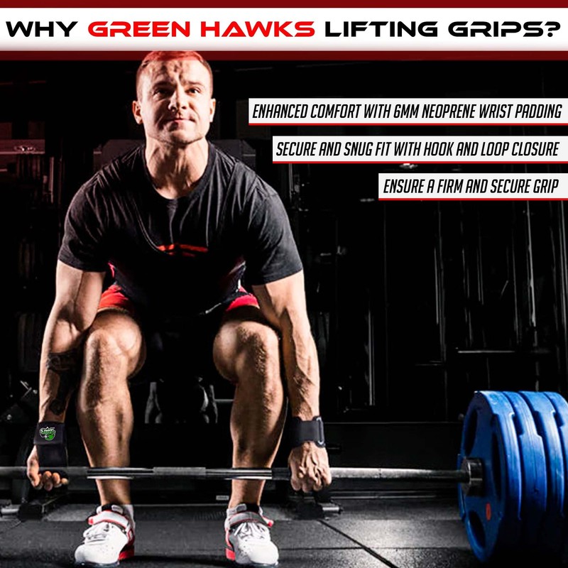 GREEN HAWK Premium Weight Lifting Grips with Neoprene Wrist Straps