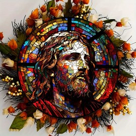 Unique Jesus Wreath Sign Jesus Rustic Metal Tin Sign Great Jesus Decorative Stained Glass Wall Hanging Suitable For Home Room Cafe Bedroom Bar Living Room Christian Holiday Gift (8''x8''/20cm*20cm)