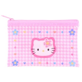 Kitty 50th Anniversary Zipper Bag - 4.72x2.95 in Cute Vinyl Card Wallet & Organizer, Kawaii Flat Pouch, Clear Zipper Pouch, Storage Bag (Pink Plaid Kitty)