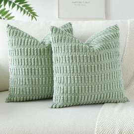 JOTOM Pack of 2 Corduroy Soft Striped Cushion Covers 40x40 cm 16x16 Inch Boho Decorative Throw Pillow Covers Square Cushion Case Home Decor Pillow Cases for Couch Sofa Living Room Bed (Sage Green)