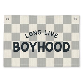 ETVISO Long Live Boyhood Grey Checkered Boys Room Decor - Linen Banner Wall Hanging Canvas Banner Flag Decor for Toddler Boy Bedroom Nursery Playroom