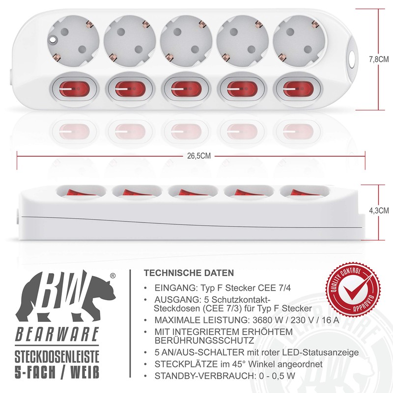 CSL Power Strip 5-Way Switchable with On/Off Switch for Each