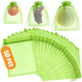 DQS Fruit Protection Bags, 50pcs 8x12” Green Organza Bags for Fruits & Vegetables, Fruit Bags for Fruit Trees, Garden Mesh Produce Bags, Fruit Netting Bags for Strawberry, Mango, Apple, Tomato