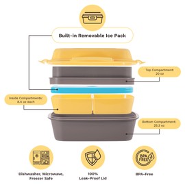 Ultimate Bento Box - Lunch Box for Kids & Adults with Removable Ice Pack - Leakproof, Multi-Compartment Food Container with Removable Containers - Microwave & Dishwasher Safe (Yellow/Gray)