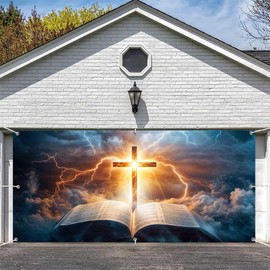Christian Cross Garage Door Banner 8 x 7 ft, Jesus Christ Cross Resurrection Bible Religious Garage Door Decoration Banner, Easter Church Event Garage Ddoor Background