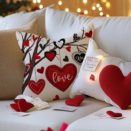 GEEORY Valentine's Day Throw Pillow Covers 18x18 Inch Set of 4, Valentines Red Black Hearts Love You More Decorative Farmhouse Holiday Cushion Case for Home Decoration G644-18