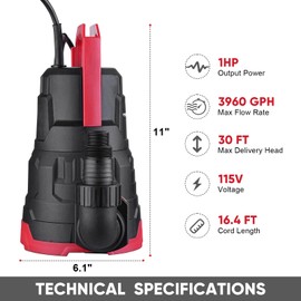 Tenzzola Sump Pump with Float Switch, 1HP 3960GPH Submersible Utility Water Pump, Thermoplastic Portable Water Removal Transfer Pump with 16.4FT Cord for Swimming Pool Basement Garden Pond Draining
