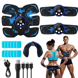 EMS Muscle Stimulator, ABS Trainer, Abdominal Muscle Toner Electronic Workout Home Fitness Device with 8 Modes,29 Intensities,4 Machines,4 Patches,12 Gel (Light Blue)