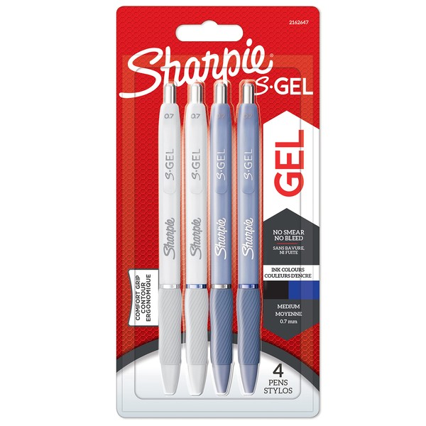 Sharpie S-Gel | Gel Pens | Medium Point (0.7mm) | Frost Blue & White Pearl Barrels | Black & Blue Ink | 4 Count