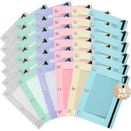 Lanpn Pencil Pouch for 3 Ring Binder 36 Pack, Pastel Binder Pen Bags Bulk with Zipper, Aesthetic 3 Holes Pencil Pouches Organizer for Boy Girl Kids School Student, Reinforced Grommets & Clear Window
