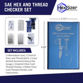 HexSizer 6-in-1 SAE Hex and Thread Gauge Set - Dual Inch & Metric Measurement Tool, Compact, Durable Aluminum Gauge for Measuring SAE Hardware, Nuts, Studs, and Bolts - Imperial & Metric Units (Blue)