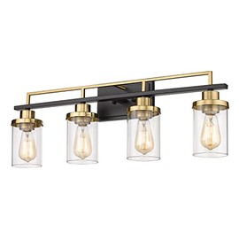 Emliviar Modern Bathroom Vanity Light - 4-Light Wall Lights for Bathroom, Black and Gold Finish with Clear Glass, YCE238B-4W BK+BG