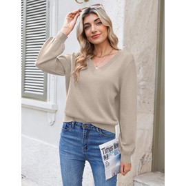 Zeagoo Womens Cropped V-Neck Sweater Lantern Sleeve Ribbed Knit Pullover Sweater Fall Fashion 2025 Light Khaki