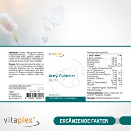 Vitaplex Acetyl + Glutathione + NAC + Vitamin C Capsules (100 mg each, 60 Tablets) - Antioxidants, Vitamins, Minerals Complex with Vitamin B2, B3, B6, C and E - Vegan and Hypoallergenic