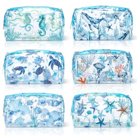 Kacctyen 6 Pcs Clear PVC Makeup Bag Women Gifts Beach Travel Beauty Cosmetic Bag Waterproof Toiletry Bag Whale Starfish Turtles Shell Sea Animals Ocean Print Birthday Gift for Vacation Organization
