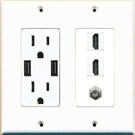 RiteAV 15A 125V Power Outlet with 2 Powered USB Ports and 2 x HDMI 1 x Coax Cable Decorative White Wall Plate