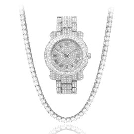 Men's 45mm Iced Out Roman Dial Watch & Chain Set, Quartz Movement - Silver Dial, Tennis Chain