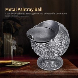 Ashtray with Lids, Windproof Ashtray Metal Vintage Ashtray Round Ball Stamped Pattern Unique Ashtray for Home Office Tabletop Decoration(Silver)
