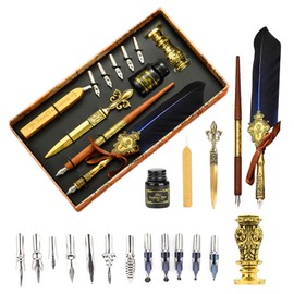Joyeee Feather Calligraphy Pen and Ink Set, with Wax Seal Stamp Kit, Sealing Wax Spoon, Writing Paper, Dip Pen Wood, Craft Decoration Pen, Feather Pen Holder Stand, Gift Box for Writing, Royal Blue