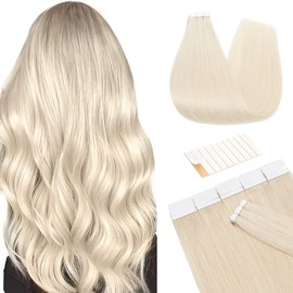 TESS Real Hair Extensions Tape 60 cm, Up to Bottom Length 2.5 g/pc Tape Extensions Real Hair Skin Weft 10 Pieces 25 g Straight Hair Extensions Real Hair #60 White Blonde