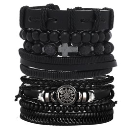 EGOINA Punk Leather Bracelet for Men Leather 8-10 PCS Braided Cuff Bracelet Wooden Beads Skull Metal Leather Bracelet