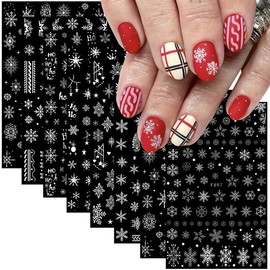 8 Sheets 3D Snowflake Nail Art Stickers Winter Christmas Nail Decals Snowflakes Stickers for Nails Xmas Winter White Snow Sparkly Nail Design Holiday Christmas New Year Nail Decoration for Women Girls