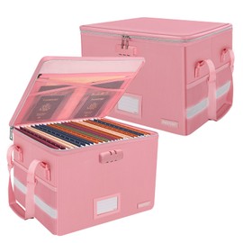 ENGPOW File Box with Lock, Fireproof Document Box with Pockets, Collapsible File Organizer Filing Storage Cabinet with Handle, Portable Home Office Safe for Hanging Letter/Legal Folders, Pink, 2 Pack