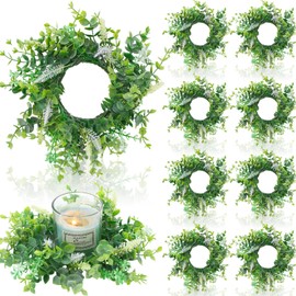 Silipull 8 Pcs Candle Rings Wreaths 3.1 inch Center Artificial Eucalyptus Candle Ring Small Greenery Wreath Farmhouse Spring Rings Wreaths for Wedding Party Home Pillars Table Door Decorations