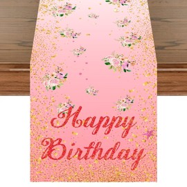 Table Runner Happy Birthday, Pink Happy Birthday Table Runners Dining Table Cloth, Rose Gold Non-Slip Fabric Birthday Table Runner, Reusable Birthday Table Cover for Girls Women Birthday, 13 x 72 Inch