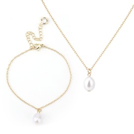 Mikovivi Pearl Necklace & Pearl Bracelet Set, Gold Simple Pearls Drop Pendant Necklace Small Cute Necklaces Trendy Pearls Bracelet for Women