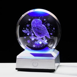 Ornalrist 3.15" Crystal Ball 3D Engraved Owl with Snowflake Gifts for Women Men Children Glass Sphere with LED Colorful Base Ideas on Birthday Christmas for Home Decor Figurine