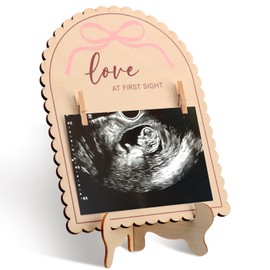 Vicenpal Pink Bow Wooden Ultrasound Picture Frame - Coquette Double Sided Sign for the Announcement of Your Pregnancy - Nursery Decor Sonogram Photo Frame & Pregnancy Gift for First Time Moms