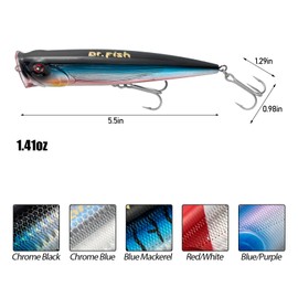 Dr.Fish 5 Pack Topwater Popper Saltwater Fishing Lures, 5.5 Inches GT Popper VMC Treble Hooks Surf Fishing Lures for Stripr Pike Salmon Lures Bass Popper Fishing Plugs Offshore