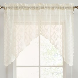 HLC.ME Isabella Floral Rod Pocket Lace Short Cafe Swags for Small Windows - 28 x 36 Inch Length (Ivory Swags, Set of 2)