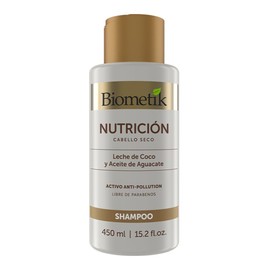 Biometik Nutrición, Shampoo para Cabello Seco y Opaco, Mayor Elasticidad y Brillo Intenso, con Leche de Coco y Aceite de Aguacate, 450 ml
