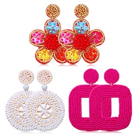 Beaded Earrings Colorful Beaded Square Flower Dangle Earrings Bohemia Statement Summer Earrings for Women
