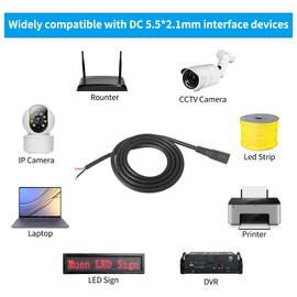 2Pack DC Power Pigtails Cable, 3.28FT DC 5.5MM x 2.1MM Female Plug to Bare Wire Open End Power Wire Supply Repair Cable,16 AWG Barrel Connector Pigtail for CCTV Security Camera, DVR, LED Strip Light