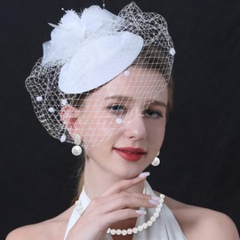 5Pcs Tea Party Accessories for Women 1920s Vintage Fascinators Hats for Women with Tea Party Headband Lace Gloves Knee High Socks Pearl Jewelry Set (White)