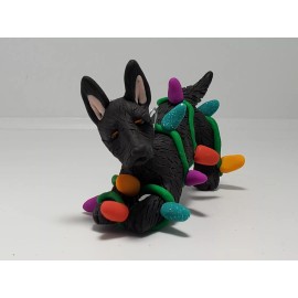 Celtic Forest Clay German Shepherd black Christmas Ornament TANGLED IN LIGHTS HAND MADE Polymerclay