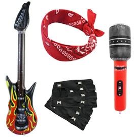 4Pcs Punk Rocker Party Kit, Large Inflatable Guitar Microphone Blow Up Guitar Punk Gloves Bandana Scarf Rockstar Fancy Dress Kids Boys 70S 80S 90S Heavy Metal Disco Costume Accessories for Men Women