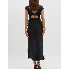 Halfisland Womens Summer Satin V Neck Cap Sleeve Backless Maxi Dress Elegant Twist Cut Out Midi Dresses Wedding Guest Black