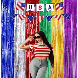2 Pack 3.3ft×6.6ft Rainbow Photo Backdrop Tinsel Foil Fringe Curtains Backdrop Door Streamers Birthday Mardi 4th of July Party Decoration