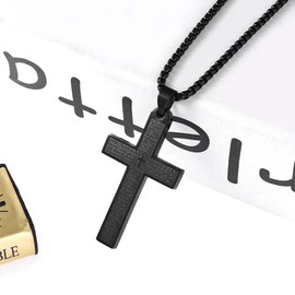 OEMOO Stainless Steel Black Cross Necklace, Lord's Prayer Cross Pendant Necklace with 24" Hip Hop Chain, Stainless Steel Jewelry for Men Women, Religious Gift