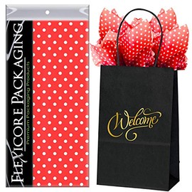 Flexicore Packaging Black Kraft Paper Welcome Bags & Red Gift Wrap Tissue Paper | Size: 5.25 Inch X 3.25 Inch X 8.25 Inch | Count: 50 Bags | Color: Red Polka Dot