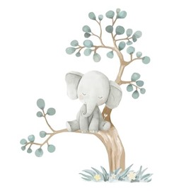 Hoppla - Kids XL Little Elephant On His Tree Wall Sticker 34" x 26" Baby Room Reusable Elephant Tree
