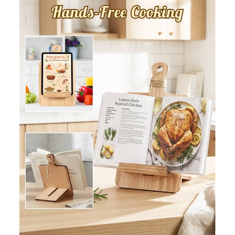 Putuo Decor Reversible Wood Cookbook Stand for Kitchen Counter Adjustable