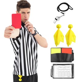 rookea 5 Pcs Halloween Referee Costume Kit, Referee Costume for Boy Kids Men, Sports Costume Shirt Uniform Umpire Whistle Yellow Penalty Flag Card for Halloween Basketball Football Soccer Accessories